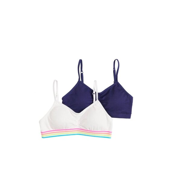 Girls Maidenform 2-pk White Rainbow Navy Seamless Ruched Cropped Bras Size Small - Picture 1 of 4